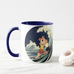 Vintage-Art-Déco-Liebende küssen sich in den Welle Tasse