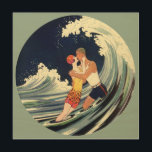 Vintage Art Deco Liebhaber des Kusses in den Welle Holzdruck<br><div class="desc">Vintage Illustration Kunst Deko Liebe und Romantik Image mit einem jungen Paar,  das unter dem Surfen umarmt und küsst,  eine Meereswelle am Strand. Künstler: George Barbier,  c. 1921</div>