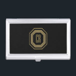 Vintage Art Deco Monogram Gold/Black Visitenkarten Dose<br><div class="desc">Koordiniert bis 1201Uhr mit der Vintagen Art Deco Monogram Gold/Black Business Card Vorlage. Ihre Initialen werden elegant auf dieser Vintag inspiriert Imitat Metallic Gold Art Deko Plakette für ein einzigartiges Logo ausgestellt. Ein stilvolles und klassisches Design auf diesem personalisierten Visitenkartenhalter. © 1201AM CREATIVE</div>