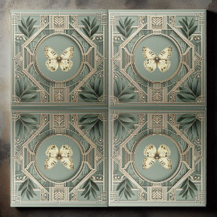 Vintage Art Deco Salbeigrün Botanischer Schmetterl Fliese