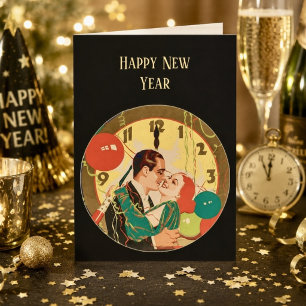 Vintage Art Deco Silvester-Kussuhr Karte