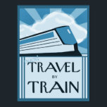 Vintage Art Deco Travel Poster Drucken<br><div class="desc">Im Mittelpunkt dieses Retro-Plakatdrucks steht meine Fantasie eines Vintagen schlanken Blinkerzuges. Der Text im Deko-Stil auf dem blauen monochromen Bild lädt zum "Fahren mit dem Zug genießen" ein. Aus meinem digital erstellten Originalbild.</div>