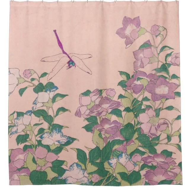 Vintage Art Dragonfly und Blume Malerei Duschvorhang (Vorderseite)