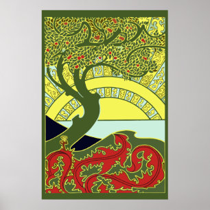 Vintage Art Nouveau Baum & Sonnenuntergang von G.  Poster