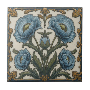 Vintage Art Nouveau Blaue Mohnblumen Floral Fliese