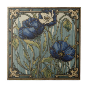 Vintage Art Nouveau Blaue Mohnblumen Floral Fliese