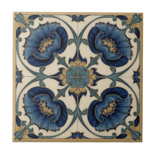 Vintage Art Nouveau Blaue Mohnblumen Floral  Fliese