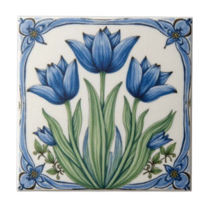 Vintage Art Nouveau Blaue Tulpen Floral Fliese