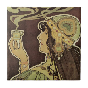 Vintage Art Nouveau Cafe Rajah, Frau mit Kaffee Fliese