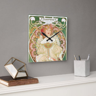 Vintage Art Nouveau, Champenois von Alphonse Mucha Quadratische Wanduhr
