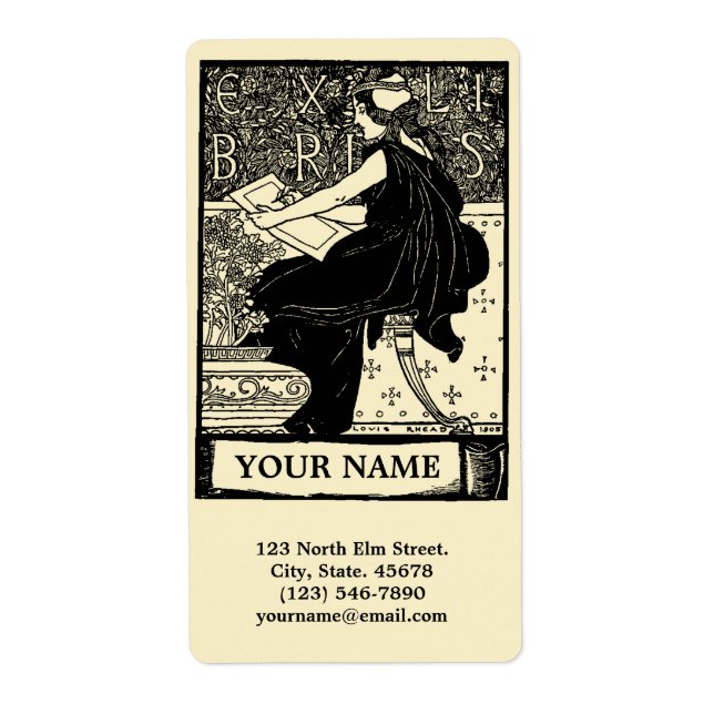 Vintage Art Nouveau Ecriture Ex Libris Étiquette (Devant)