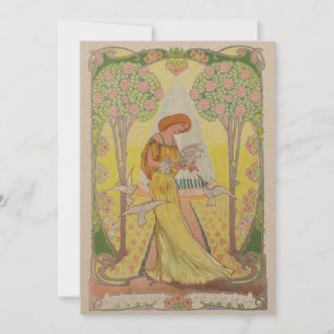 Vintage Art Nouveau fille avec colombes Carte de r