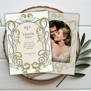 Vintage Art Nouveau Florale Foto-Initialen Hochzei Dankeskarte