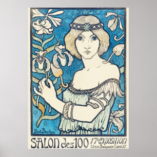 Vintage Art Nouveau Frau Blaues Blumenposter Druck Poster