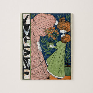 Vintage Art Nouveau Frau & Mädchen Grüne Kleidung