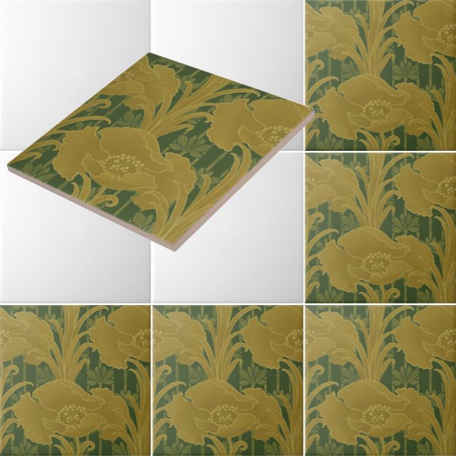 Vintage Art Nouveau Gelbe Mohnblumen Muster Fliese (Von Creator hochgeladen)