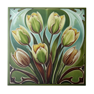 Vintage Art Nouveau gelbe Tulpen Blumenmuster Fliese