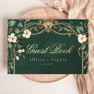 Vintage Art Nouveau Grüne und Goldene Hochzeit Gästebuch