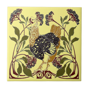 Vintage Art Nouveau Huhn und Blumen Keramikfliese