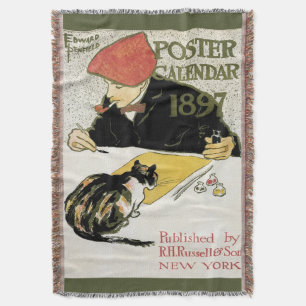 Vintage Art Nouveau, Künstler malt mit Haustierkat Decke