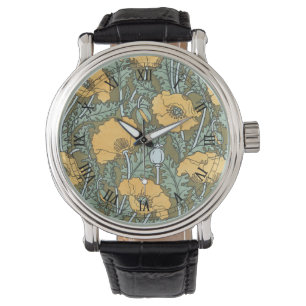 Vintage Art Nouveau, Mohnblumen im Garten Armbanduhr