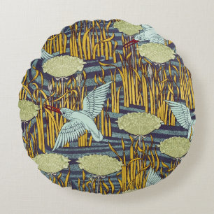Vintage Art Nouveau Vogel- und Sumpf-Naturmuster Rundes Kissen