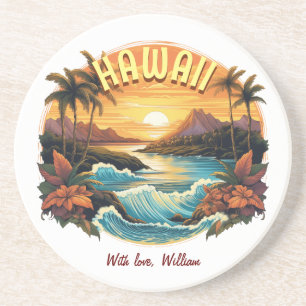 Vintage Art Sonnenuntergang am Hawaii-Strand Berge Getränkeuntersetzer