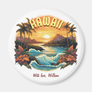 Vintage Art Sunset at Hawaii Beach Mountains Magnet