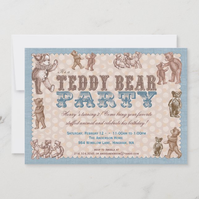 Vintage Artteddy-Bärn-Party Einladung - Blau (Vorderseite)