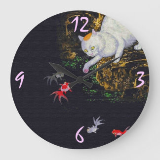 Vintage Asian Cat catching Fish Große Wanduhr