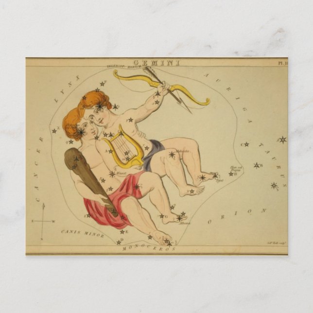 Vintage Astrologie / Astronomie Gemini Sternbild Postkarte (Vorderseite)