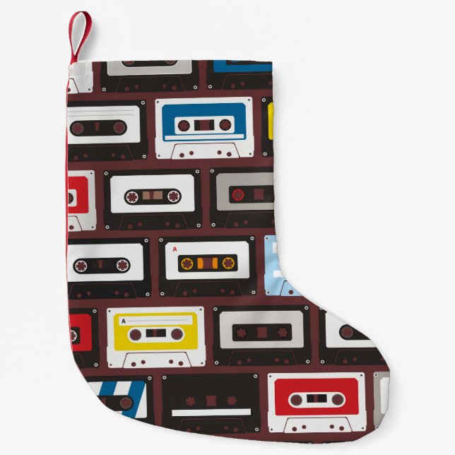 Vintage Audiokassetten, nahtloser Hintergrund. Kleiner Weihnachtsstrumpf (Vorderseite)