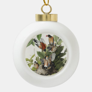 Vintage-Audubon-Amerikanische-Rotdrossel-Vogelnest Keramik Kugel-Ornament