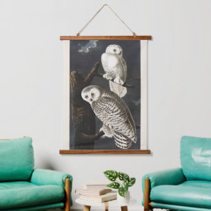 Vintage-Audubon-Schnee-Eule-Nachtvogel-Kunst Wandteppich Mit Holzrahmen