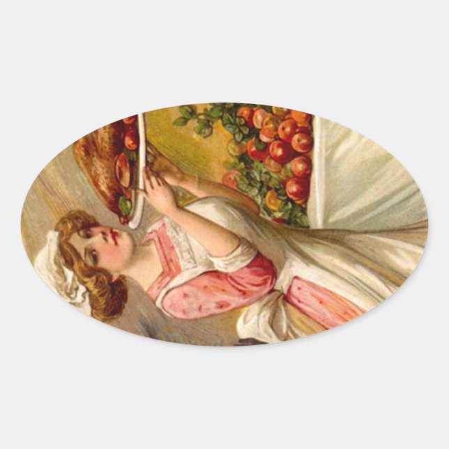 Vintage Aufkleber-Erntedank-Abendessen-Dame mit Ovaler Aufkleber (Vorderseite)