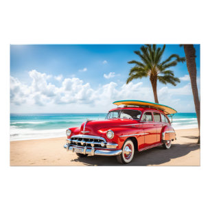 Vintage Auto am Strand mit Surfbrett Fotodruck