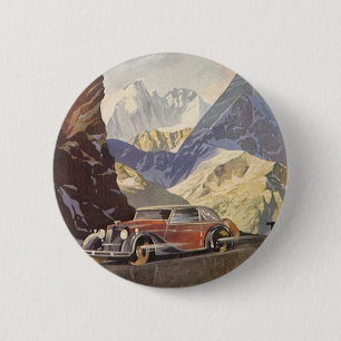 Vintage-Auto auf einer Bergstraße im Winter mit Sc Button