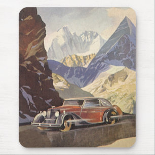 Vintage-Auto auf einer Bergstraße im Winter mit Sc Mousepad