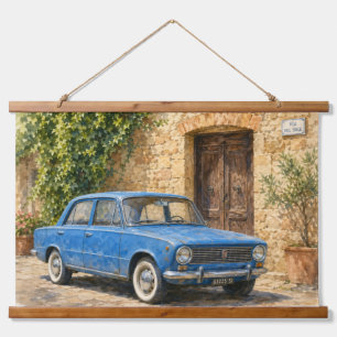 Vintage Auto auf rustikaler Straße Wandteppich Mit Holzrahmen