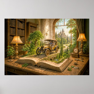 Vintage-Auto fährt von der Buchseite Poster
