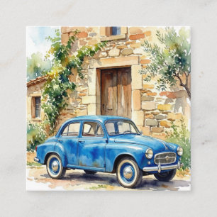Vintage Auto neben einem steinernen Cottage Quadratische Visitenkarte