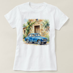 Vintage Auto neben einem steinernen Cottage T-Shirt