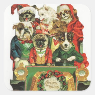 Vintage-Auto voller Weihnachtshunde Quadratischer Aufkleber