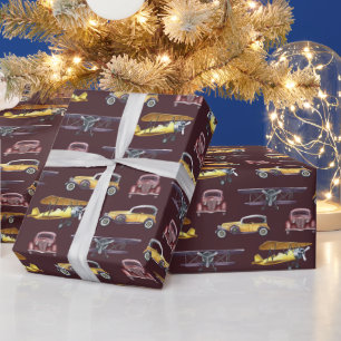 Vintage Autos Flugzeuge Doppeldecker Geschenkpapier