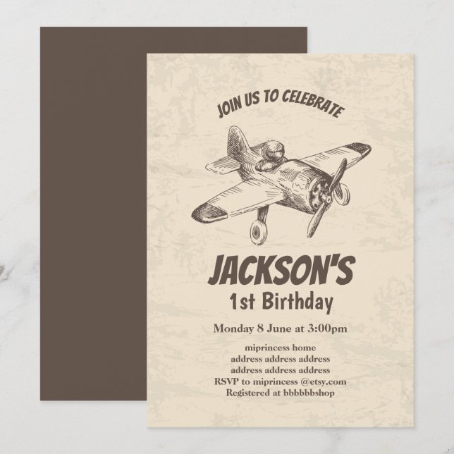 vintage, avion, avion, invitation d'anniversaire (Devant / Derrière)