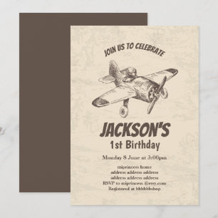 vintage, avion, avion, invitation d'anniversaire