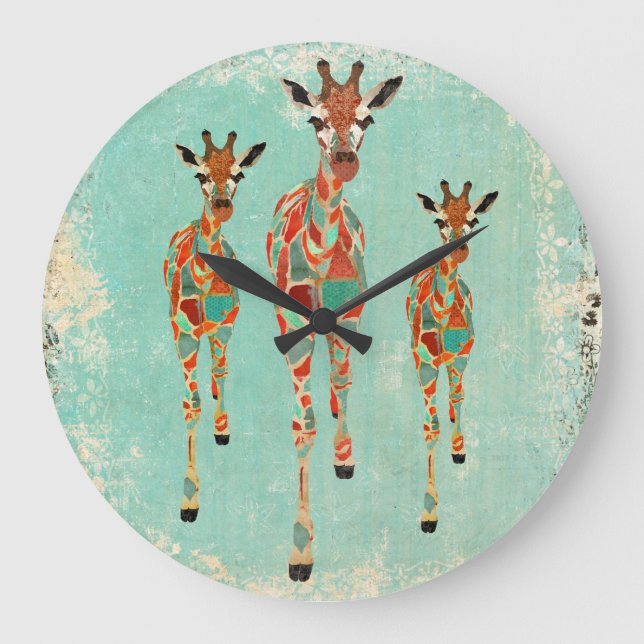Vintage azurblaue u. bernsteinfarbige Giraffen-Uhr Große Wanduhr (Vorderseite)