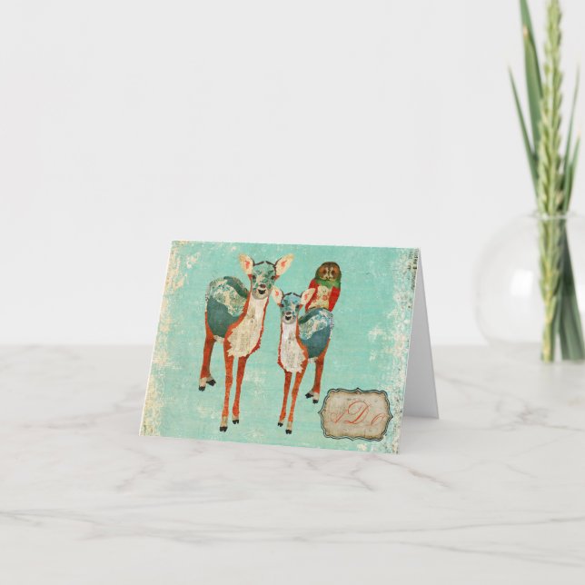Vintage Azure Deer & Rose Owl Monogram Notecard (Vorderseite)