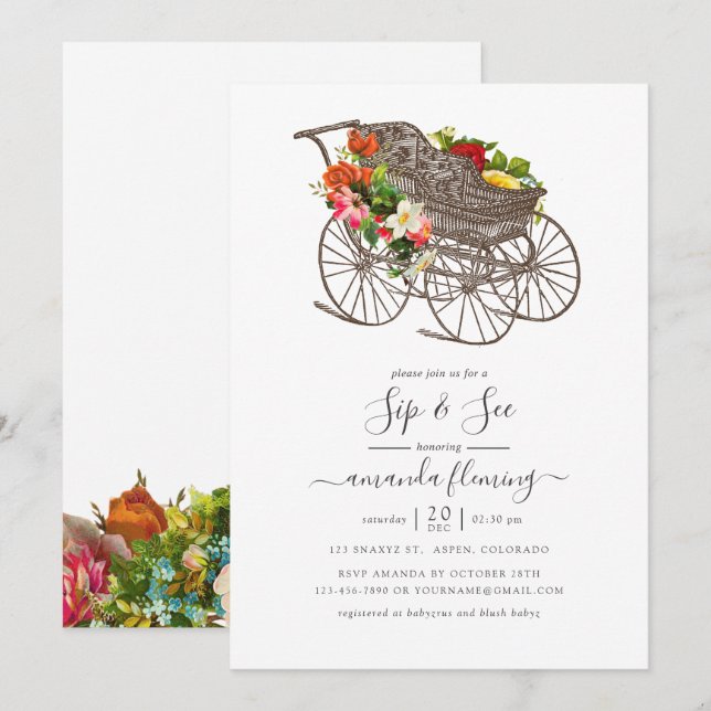 Vintage Baby Carriage Baby Shooting Sip & See Einladung (Vorne/Hinten)