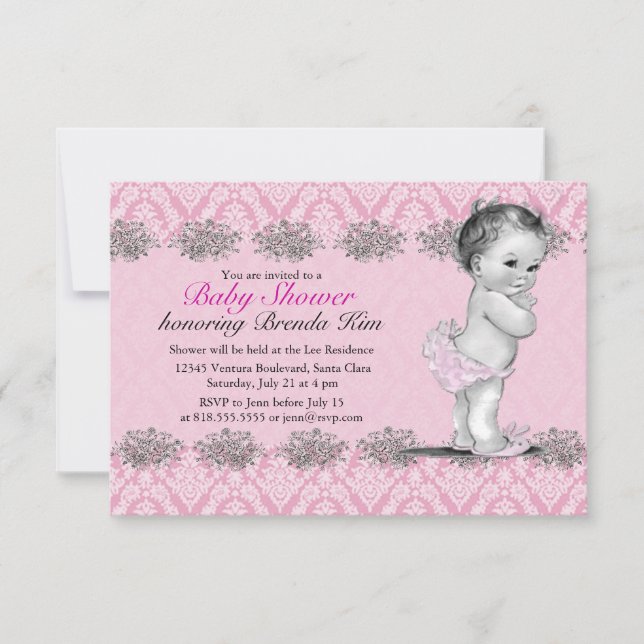 Vintage Baby-Duschen-Rosa-Einladung Einladung (Vorderseite)